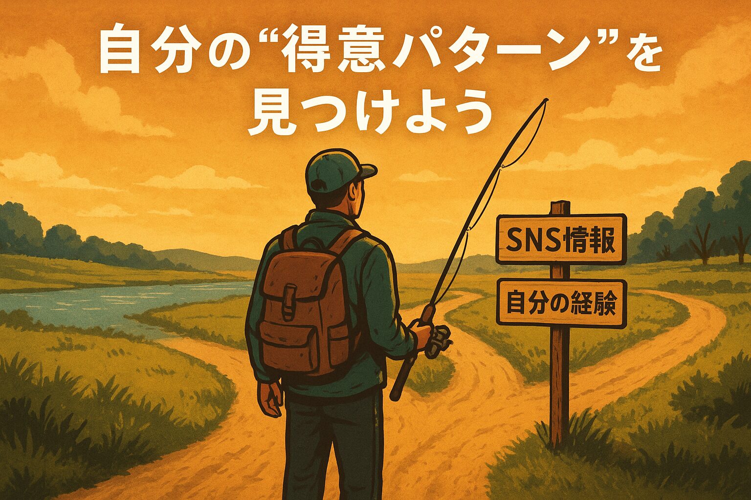 自分の軸を見つけに行く釣り人のイメージイラスト