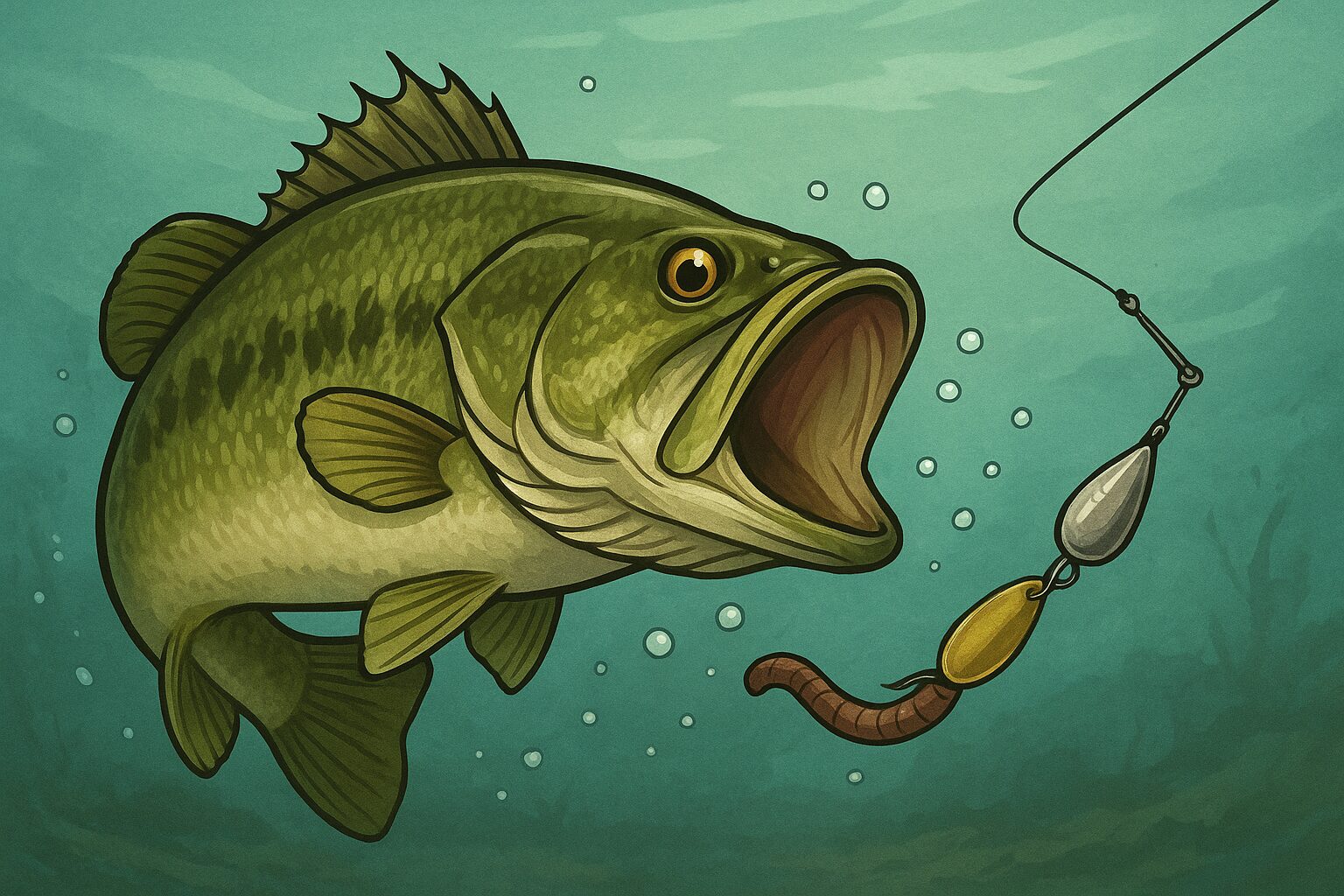 ヘビキャロに食いつくブラックバスのイラスト