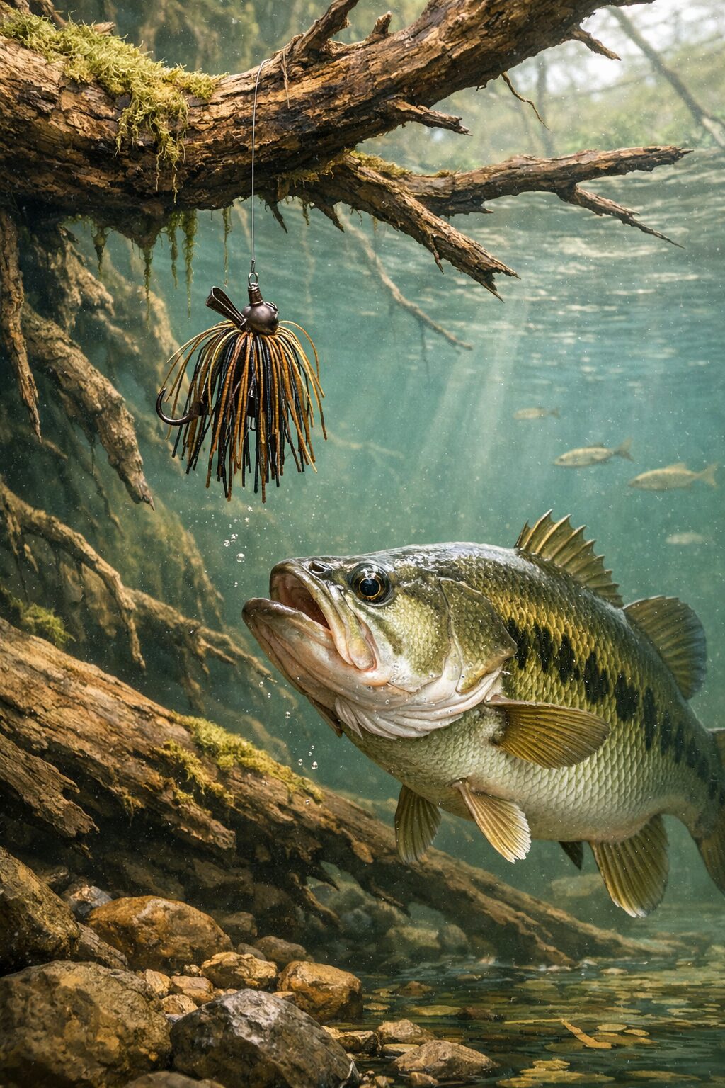 吊るされたスモラバを狙っているブラックバスのイラスト