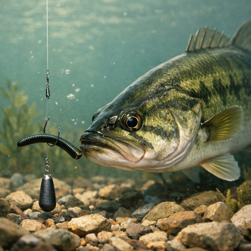 ダウンショットリグのワームを見つめるブラックバスのイラストを