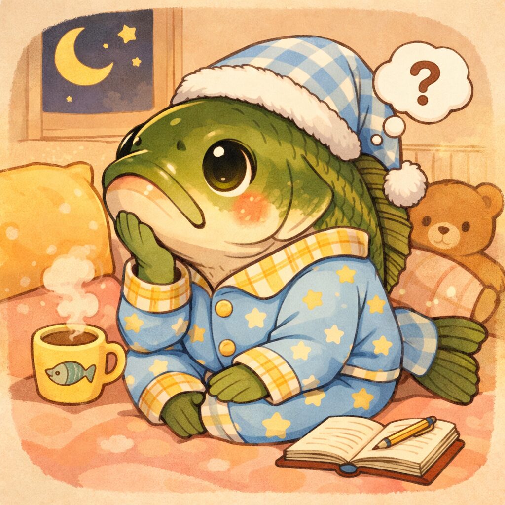 真冬のブラックバスが考えているイラスト